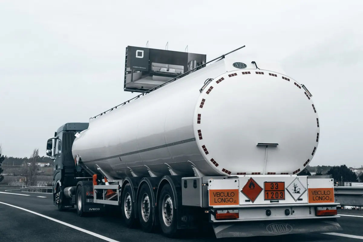 Road tanker transporting fuel